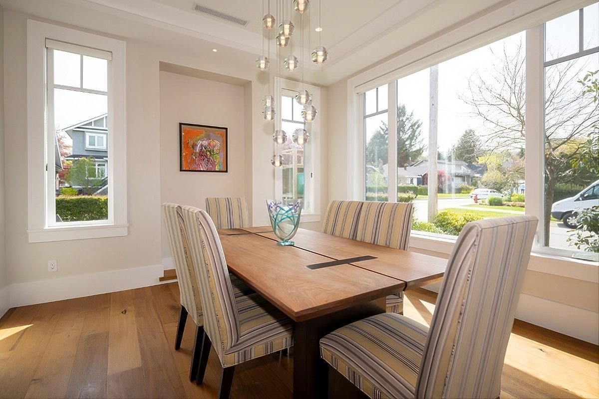 Dining area with street-facing windows